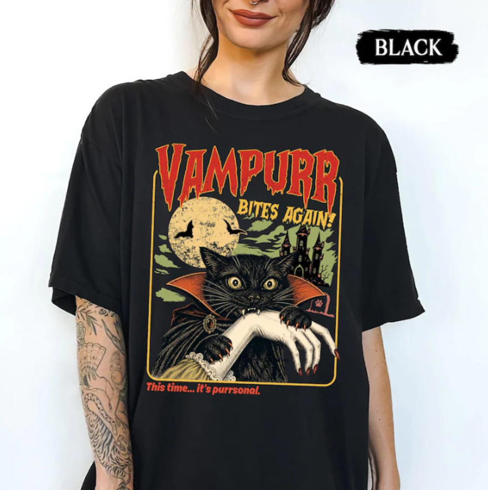 Funny Cat Halloween Shirt, Spooky Black Cat Lover Vintage Halloween Graphic Tee
